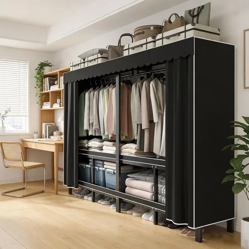 Miniatura 8 de Armario portátil plegable de 59.1 pulgadas para colgar ropa, perchero resistente con cubierta, percheros plegables de metal independientes, armario