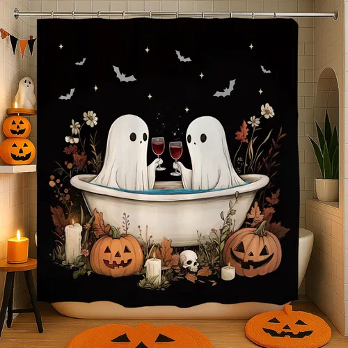 Miniatura 5 de GPGHE Cortina de ducha para decoración de Halloween, fantasma, calabaza, murciélago, vacaciones, juego de cortinas de baño retro con 12 ganchos, 71