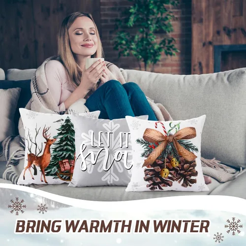 Miniatura 4 de Peryiter 9 fundas de almohada de invierno de 18 x 18 pulgadas, con árboles de Navidad, camión, corona, color blanco, fundas de almohada de Navidad