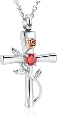 Miniatura 16 de shajwo Collar de Urna en Cruz para Cenizas con Piedra de Nacimiento Rosa Flor Joyería de Cremación para Mujeres Niñas Recuerdo Memorial Colgante