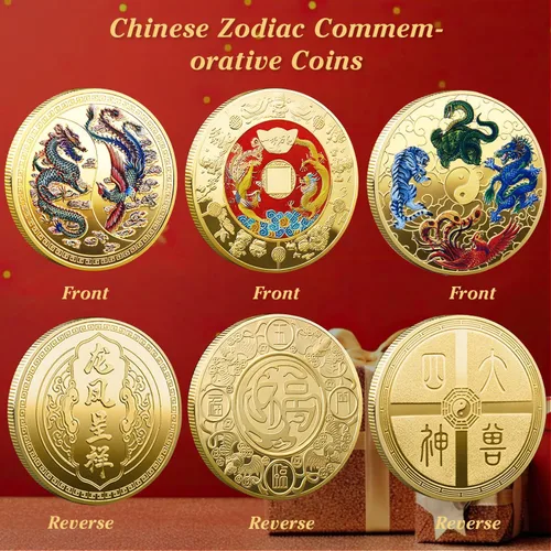 Miniatura 5 de 5 piezas de monedas de la suerte chinas de dragón chino y fénix monedas del zodiaco de bestias milíticas antiguas para oficina, colección