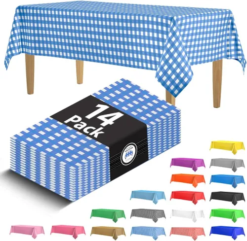 14 paquete de manteles de plástico azules de cuadros Gingham de 54x108 pulgadas. Rectangulares cubiertas de mesa desechables - Manteles desechables