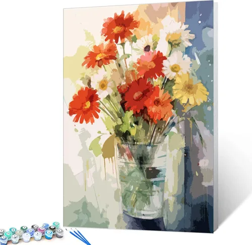 Tucocoo Kit de pintura de margaritas coloridas por números con pinceles y pigmento acrílico sobre lienzo para adultos, hermoso proyecto de