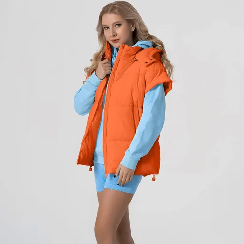 Miniatura 11 de Shiyifa Chaleco acolchado para mujer, chaqueta de gran tamaño, sin mangas, ligera, con cremallera, con capucha desmontable