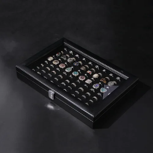 Miniatura 2 de Pengup Organizador de joyas con tapa de vidrio (fibra de carbono negra, anillos)