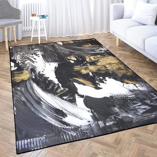 TOMWISH - Alfombra abstracta pintada a mano en blanco y negro con pintura dorada, sala de estar, dormitorio, decoración de suelo, alfombra de