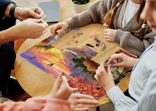 Miniatura 6 de Rompecabezas de paisaje al atardecer para adultos, 1000 piezas, rompecabezas de pesca de otoño, camping, lago, hermoso pájaro, perro, flor, ciervo