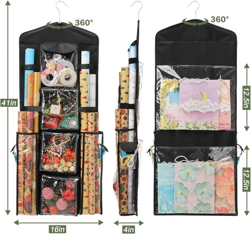 Miniatura 7 de EXLIFBAG Organizador de almacenamiento de papel de regalo, organizador de envoltorios de regalo con soporte de doble cara para colgar Negro