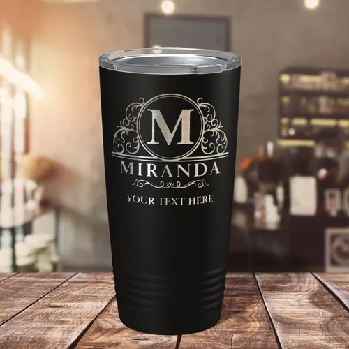Miniatura 7 de Vaso personalizado de regalo de cumpleaños para mujeres y hombres, elaborado círculo monograma grabado en negro, taza personalizada de acero