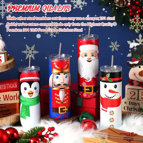 Miniatura 5 de Maxdot 4 vasos de Navidad con tapa y pajita, taza de Navidad de acero inoxidable, doble aislamiento, taza de viaje para agua, vaso al vacío