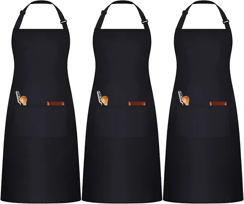 Paquete de 3 delantales de chef negros y blancos, delantal de cocina ajustable con 3 bolsillos para hombres y mujeres, camarera (polialgodón)