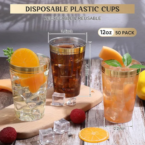 Miniatura 2 de Sliner 50 vasos de plástico duro con doble aro, copas de vino resistentes para vacaciones, Navidad, Año Nuevo, suministros de fiesta de cumpleaños
