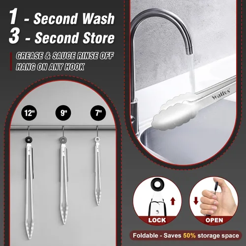 Miniatura 4 de Walfos Pinzas de cocina de acero inoxidable para cocinar, 7, 9 y 12 pulgadas, pinzas de metal de grado alimenticio para cocinar, barbacoa, juego