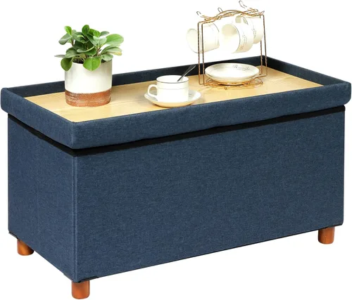 Miniatura 12 de PINPLUS Cubo otomano de almacenamiento, reposapiés de lino blanco con patas de madera, reposapiés de tela plegable, asiento cómodo con tapa, otomana