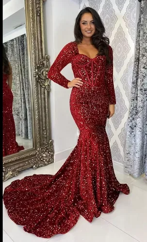 Miniatura 3 de Miao Duo Vestido de fiesta de sirena de manga larga para mujer con tren elástico brillante lentejuelas vestidos de noche formales YZTS090