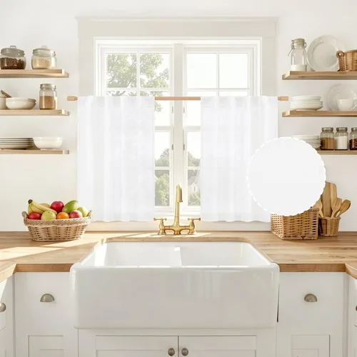 Miniatura 13 de LAMIT Cortinas de lino beige de 30 pulgadas de largo para ventanas pequeñas, cortinas semitransparentes filtrantes de luz, pestaña trasera