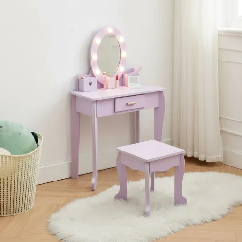 Miniatura 8 de Garvee Juego de tocador para niños, juego de mesa y silla para niñas con espejo iluminado, taburete y juego de maquillaje de madera, rosa