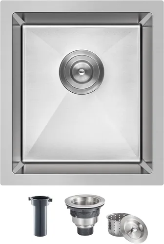 ROVATE - Fregadero de barra o fregadero de cocina de 13 x 15 pulgadas, hecho a mano, de acero inoxidable T-304 de un solo tazón