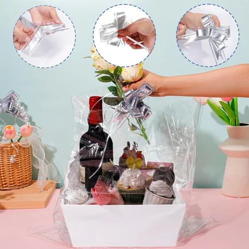 Miniatura 7 de MADHOLLY Juego de 6 cestas vacías para regalos, resistente juego de cesta de regalo de papel kraft con envoltura de celofán y lazos para bodas, baby