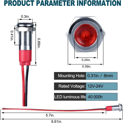 Miniatura 2 de 5Pcs 12V-24V Luz indicadora LED de ahorro de energía Montaje de orificio 8mm (1/3") 20mA Señal de lámpara de cabeza plana ancha impermeable piloto