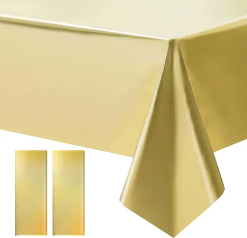 Just Shimmer 2 piezas de mantel de plástico dorado - Impresionante acabado mate metálico, 40" x 108" mantel para Año Nuevo, perfecto para decoración