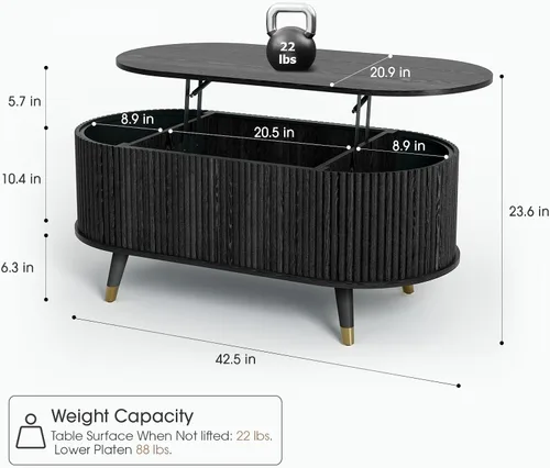 Miniatura 2 de SULIVES Mesa auxiliar ovalada con almacenamiento, mesa de centro multifuncional con tambor elevable, pequeña mesa central acanalada para sala