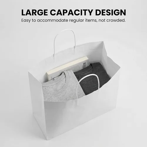 Miniatura 4 de PAICUIKE 50 bolsas de papel blanco con asas, grandes bolsas de compras de papel kraft de 11 x 6 x 11 pulgadas para venta al por menor, embalaje
