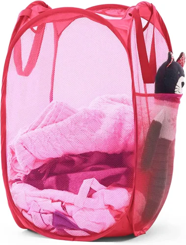 Miniatura 14 de TECHMILLY Cesta plegable de malla para la ropa sucia con asas resistentes y bolsillo lateral, cestas plegables portátiles para ropa para dormitorio