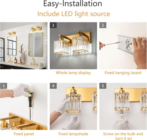 Miniatura 7 de Lámpara de cristal de pared moderna de latón cepillado dorado con 2 luces para tocador de baño Oro Recto
