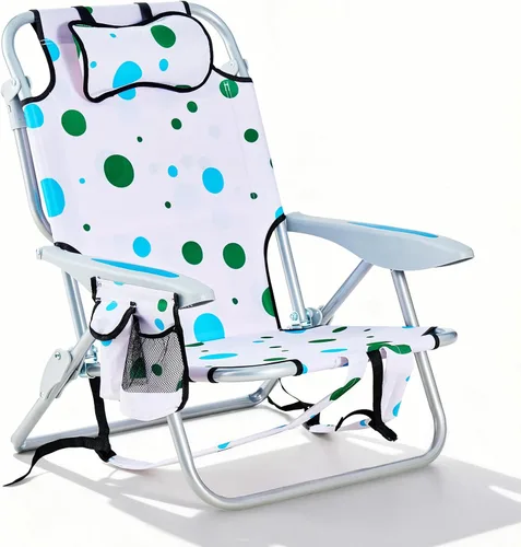 Miniatura 13 de Silla de playa tipo mochila para adultos, silla de camping plegable portátil con 5 posiciones reclinable, reposacabezas, portavasos y bolsa