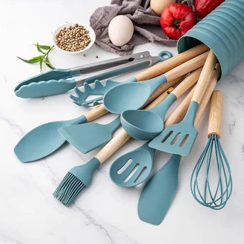 KSENDALO Aqua - Juego de utensilios de cocina pequeños de silicona de 12 piezas con soporte, herramientas de cocina con mango de madera, espátula