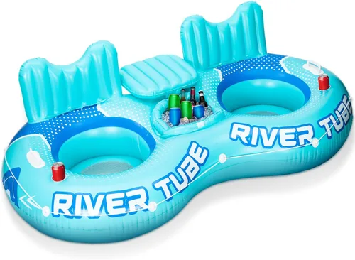 Flotador inflable de tubo de río, flotador de piscina resistente para 2 personas con enfriador integrado, respaldo ergonómico y portavasos para