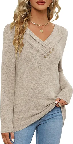 Miniatura 3 de FMEYOA Blusa casual de manga larga para mujer, para usar con leggings, cuello en V, con botones, estilo casual