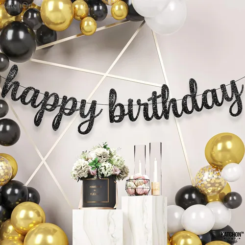 Miniatura 8 de KatchOn, Cartel de feliz cumpleaños negro cursivo con purpurina – pre-encordado, 10 pies Cartel de feliz cumpleaños Decoraciones de cumpleaños