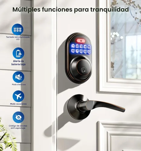 Miniatura 4 de Veise Cerradura de puerta de entrada sin llave con 2 manijas de palanca, cerrojo de teclado electrónico, bloqueo automático, luz trasera y diseño