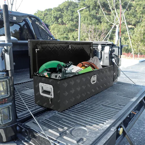 Miniatura 7 de Caja de herramientas de aluminio negro de 39 x 13 x 10 pulgadas con cerradura y llaves, caja de herramientas de 5 barras de banda de rodadura, caja