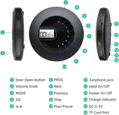 Miniatura 6 de Reproductor de CD portátil, reproductor de CD portátil recargable para coche y viajes, pequeño reproductor de CD con auriculares y antisaltos y a