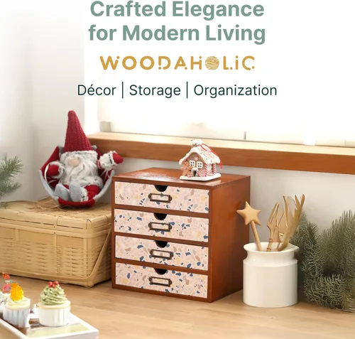 Miniatura 8 de Organizador de escritorio de madera con patrón de terrazo, almacenamiento de escritorio de 4 cajones, gabinete de madera moderno y rústico