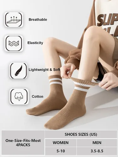 Miniatura 3 de YUWELL Calcetines crew a rayas para mujer, calcetines casuales de algodón cómodos para mujer, 4 pares, talla 5-10