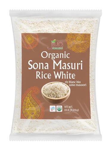 Jiva Organics - Arroz orgánico Sona Masoori de 10 libras de calidad premium, origen indio, arroz de grano corto, todo natural y sin OMG (10 libras)