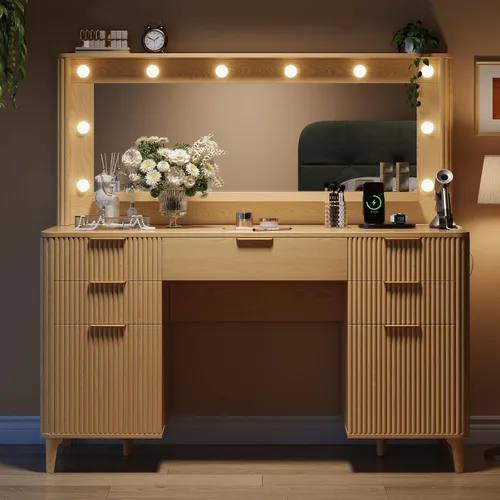 Miniatura 8 de Mesa de tocador estriada para maquillaje con espejo grande de 39.3" y luces, tocador de madera de 48.8", mesa de tocador grande, mesa de tocador