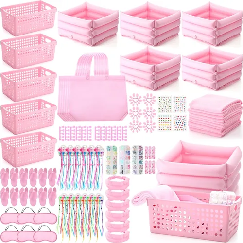 Kit de spa de 85 piezas, kit de arte de uñas, suministros para fiesta de pijamadas con bañera inflable de 12.5 x 12.5 pulgadas, toalla de baño de