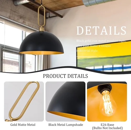 Miniatura 7 de Luces Colgantes de Cúpula de 15.75 Pulgadas, Luz de Metal Negro Dorado para Comedor, Accesorios de Iluminación de Candelabro Colgante Grande Moderno
