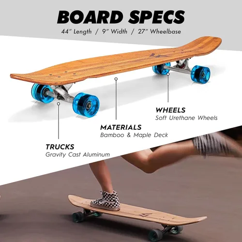 Miniatura 2 de Magneto 44 inch Kicktail Cruiser Longboard Skateboard Bamboo and Hard Maple Deck Made for Adults, Teens, and Kids Azul