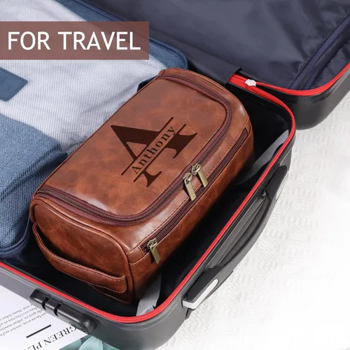 Miniatura 6 de Neceser de Cuero Personalizado para Hombres, Kit de Viaje Dopp Grabado Personalizado, Regalo de Iniciales de Nombre Personalizado para Padrinos
