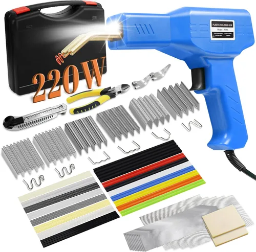 Soldador de plástico de 220 W, kit de soldadura de plástico, reparación de parachoques de automóvil, 1000 grapas calientes y 92 piezas, 7 tipos de
