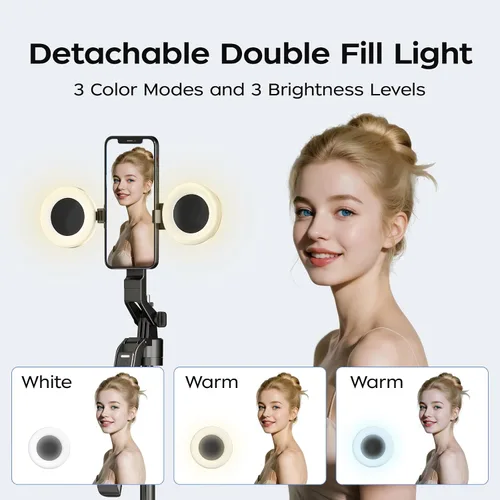 Miniatura 3 de Trípode para selfie de seguimiento automático de 70.9 pulgadas para iPhone y Android con luces, sin aplicación, trípode de rotación de 360° que