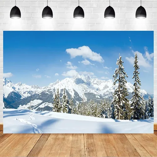 Miniatura 3 de Renaiss Telón de fondo de paisaje de nieve de invierno de 5 x 3 pies, montañas nevadas, pinos cubiertos de bosque, campo de nieve, paisaje natural
