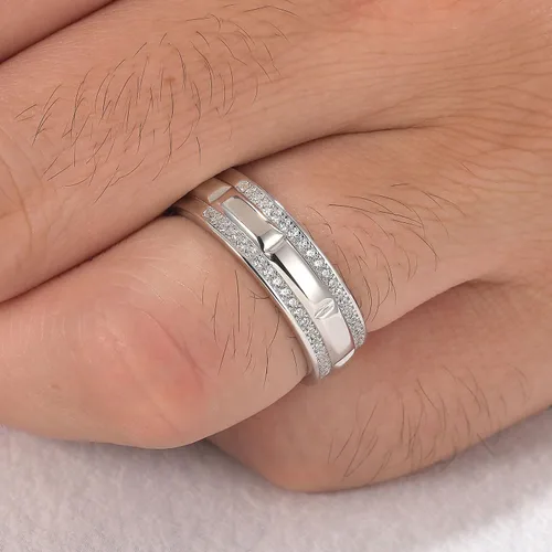 Miniatura 3 de Anillo de boda de oro blanco para hombre, plata de ley 925 con 13 circonitas cúbicas de corte redondo, anillo de compromiso para él, talla 7-14