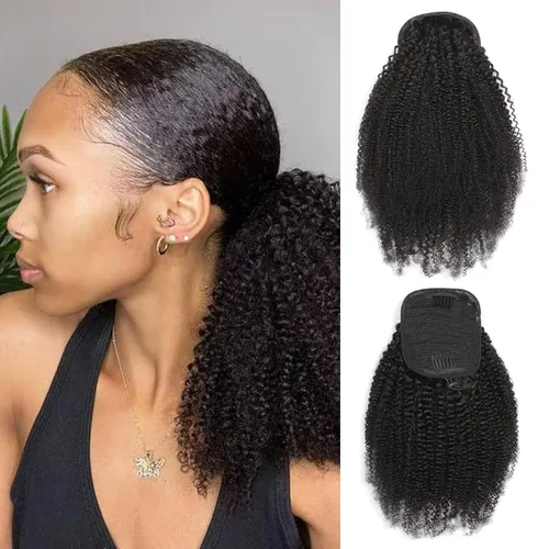 Miniatura 11 de Cola de Caballo con Cordón Afro Puff Cabello Humano Afro Rizado Crespo Cola de Caballo con Cordón 4C para Mujeres Negras Extensión de Cabello Humano